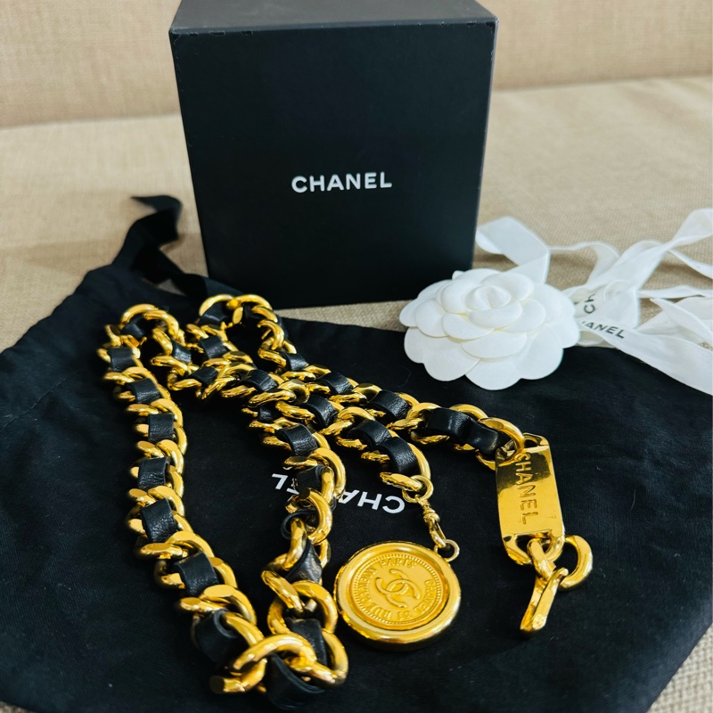 售二手 真品 CHANEL 皮穿金鏈腰帶 項鍊 萬用-13