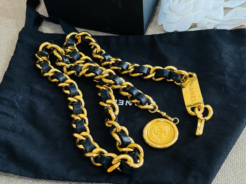 售二手 真品 CHANEL 皮穿金鏈腰帶 項鍊 萬用-14