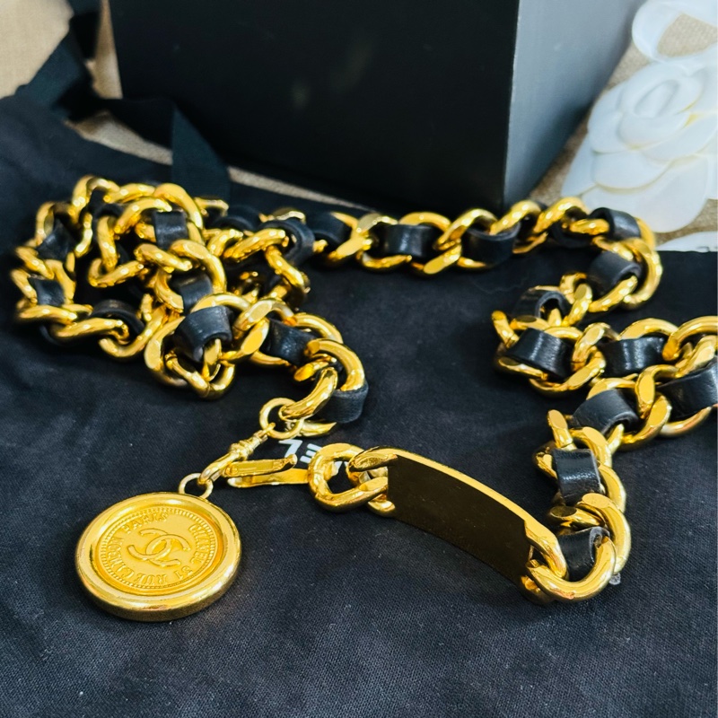售二手 真品 CHANEL 皮穿金鏈腰帶 項鍊 萬用-15