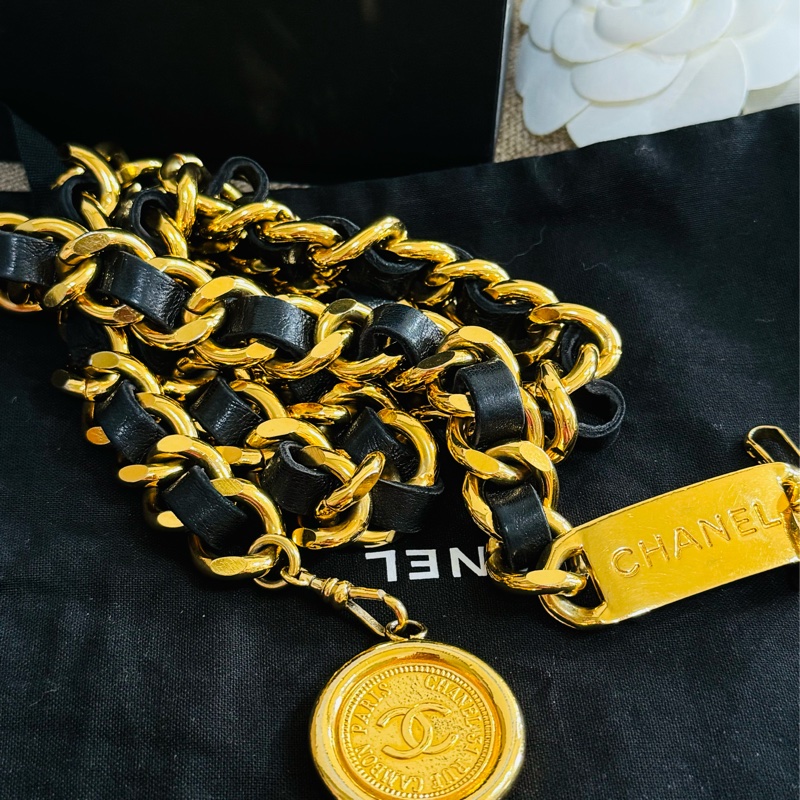 售二手 真品 CHANEL 皮穿金鏈腰帶 項鍊 萬用-17