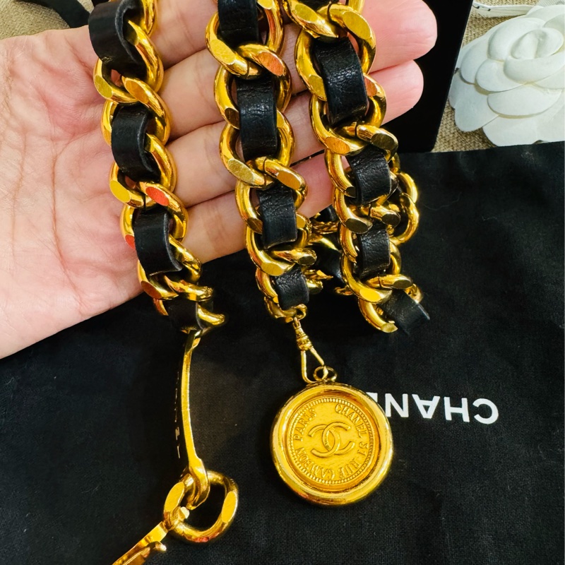售二手 真品 CHANEL 皮穿金鏈腰帶 項鍊 萬用-20