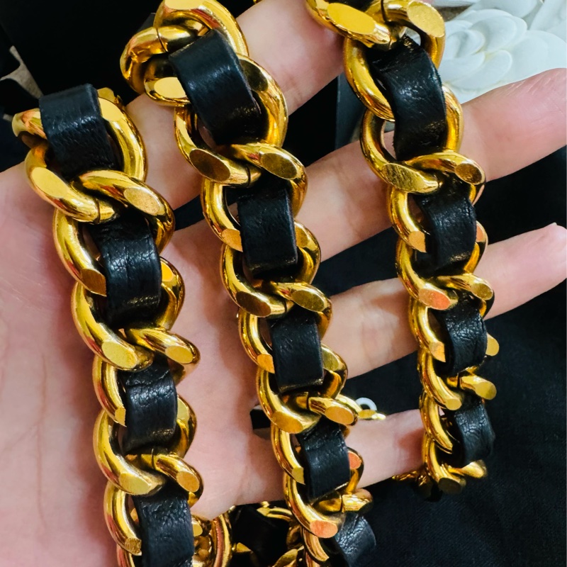 售二手 真品 CHANEL 皮穿金鏈腰帶 項鍊 萬用-21