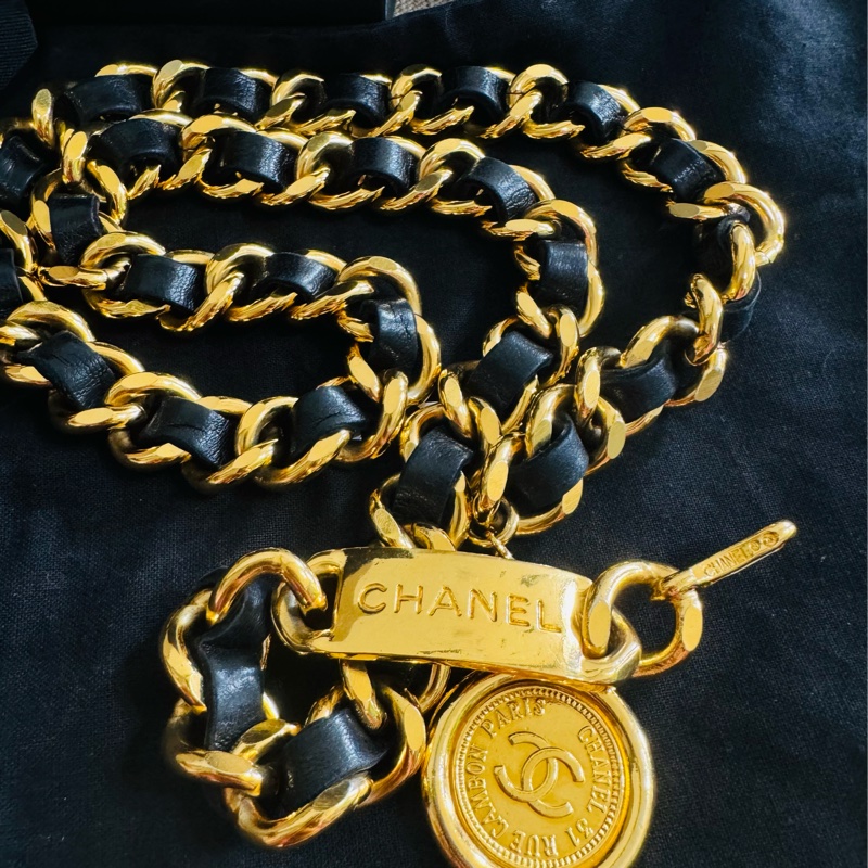 售二手 真品 CHANEL 皮穿金鏈腰帶 項鍊 萬用-22