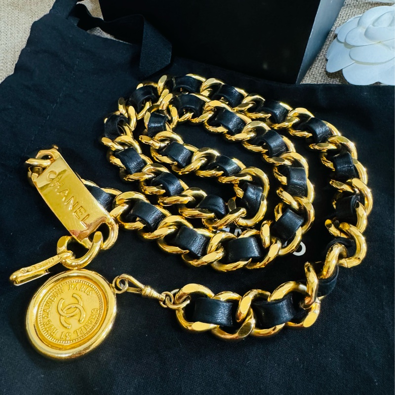 售二手 真品 CHANEL 皮穿金鏈腰帶 項鍊 萬用-23