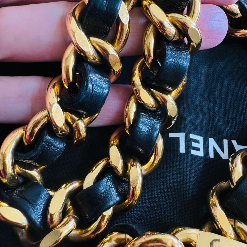 售二手 真品 CHANEL 皮穿金鏈腰帶 項鍊 萬用-24