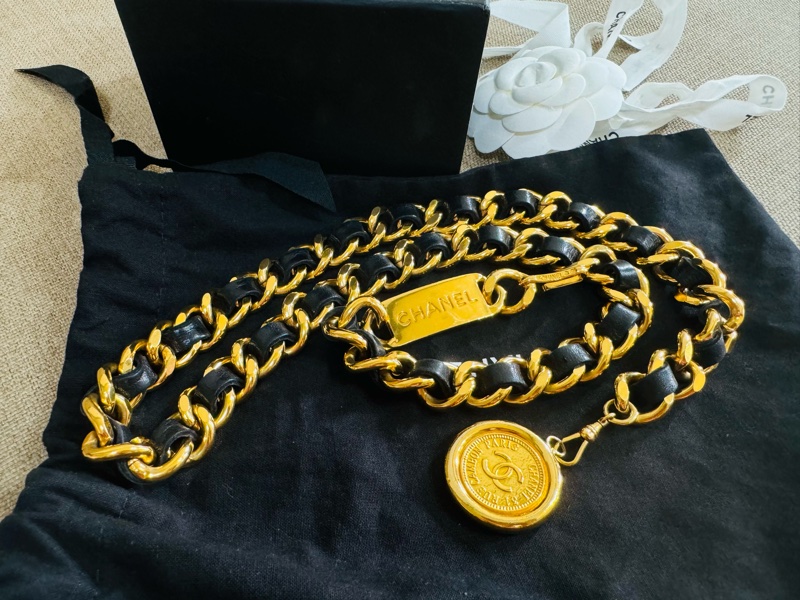 售二手 真品 CHANEL 皮穿金鏈腰帶 項鍊 萬用-26