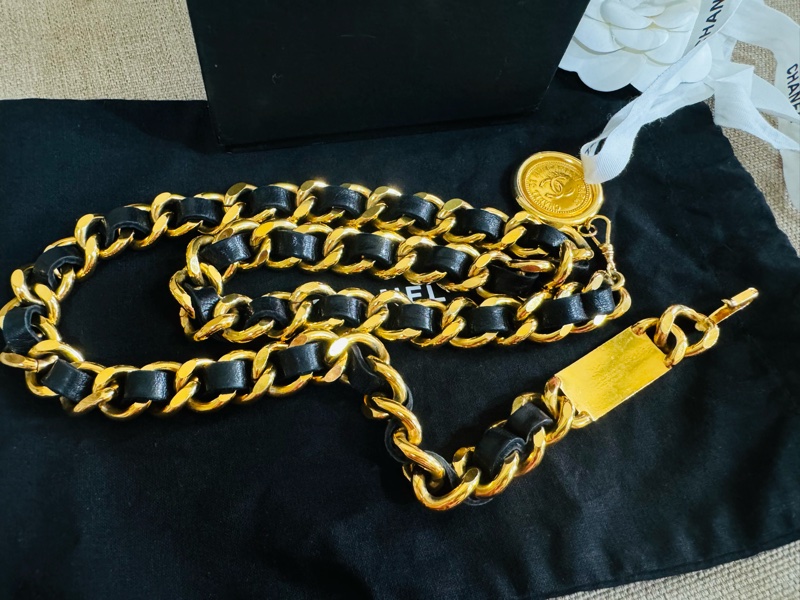 售二手 真品 CHANEL 皮穿金鏈腰帶 項鍊 萬用-27