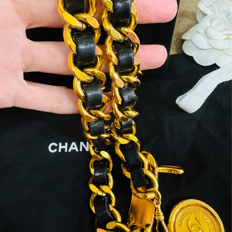 售二手 真品 CHANEL 皮穿金鏈腰帶 項鍊 萬用-28