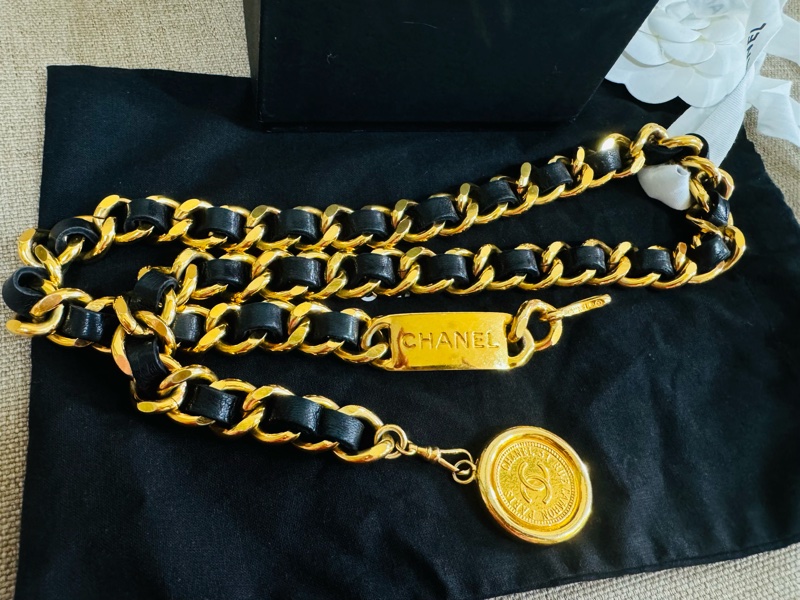 售二手 真品 CHANEL 皮穿金鏈腰帶 項鍊 萬用-29