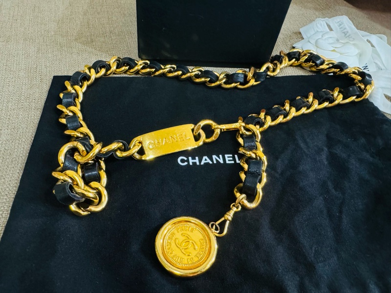 售二手 真品 CHANEL 皮穿金鏈腰帶 項鍊 萬用-30