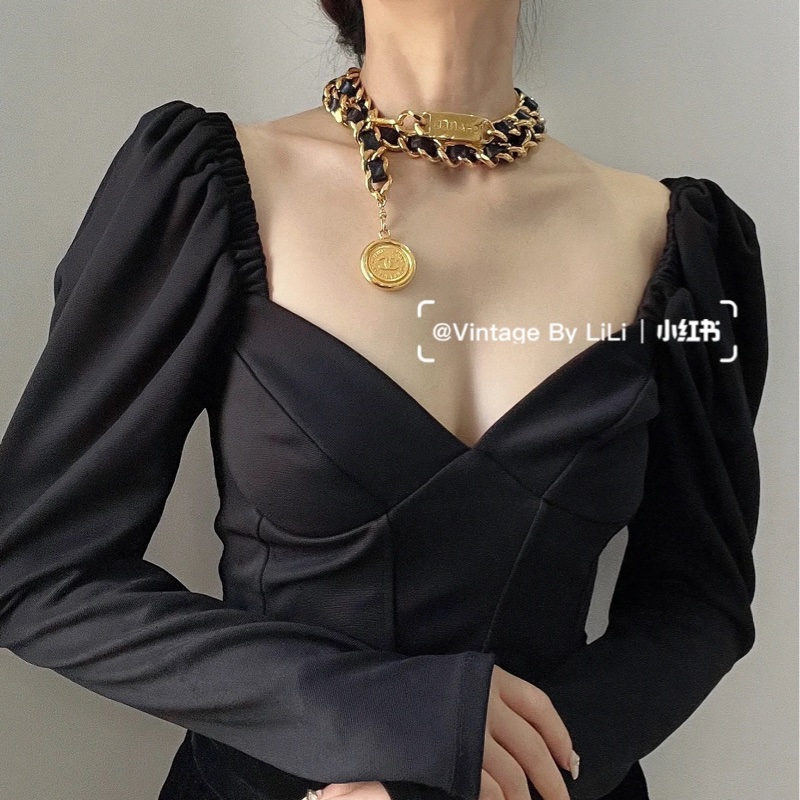 售二手 真品 CHANEL 皮穿金鏈腰帶 項鍊 萬用-9