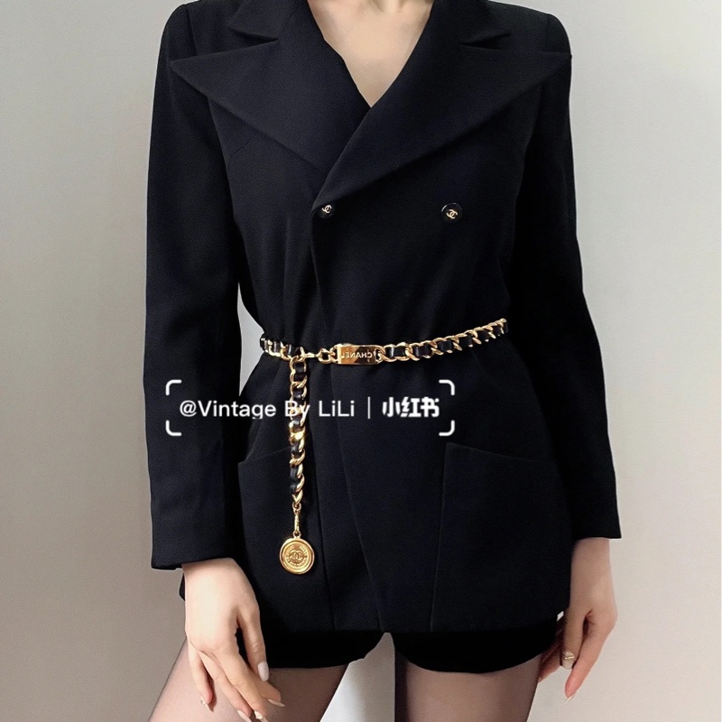 售二手 真品 CHANEL 皮穿金鏈腰帶 項鍊 萬用-11