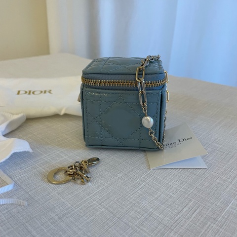 Dior藍色漆皮 藤格紋 Lady Dior小方包 手拿小包 Christian Dior 小包