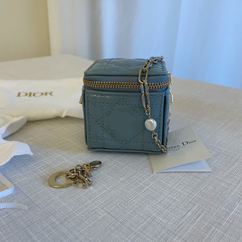 Dior藍色漆皮 藤格紋 Lady Dior小方包 手拿小包 Christian Dior 小包-0