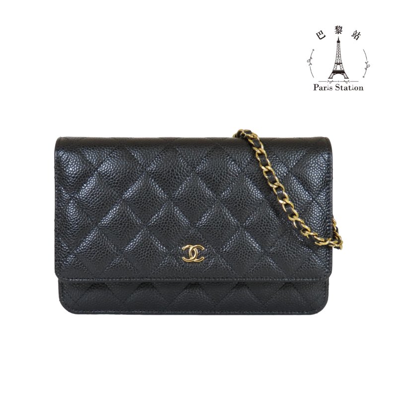 【巴黎站二手名牌專賣店】*現貨*CHANEL 香奈兒 真品*黑色菱格荔枝紋牛皮金色雙C鏈包 WOC斜背包-0