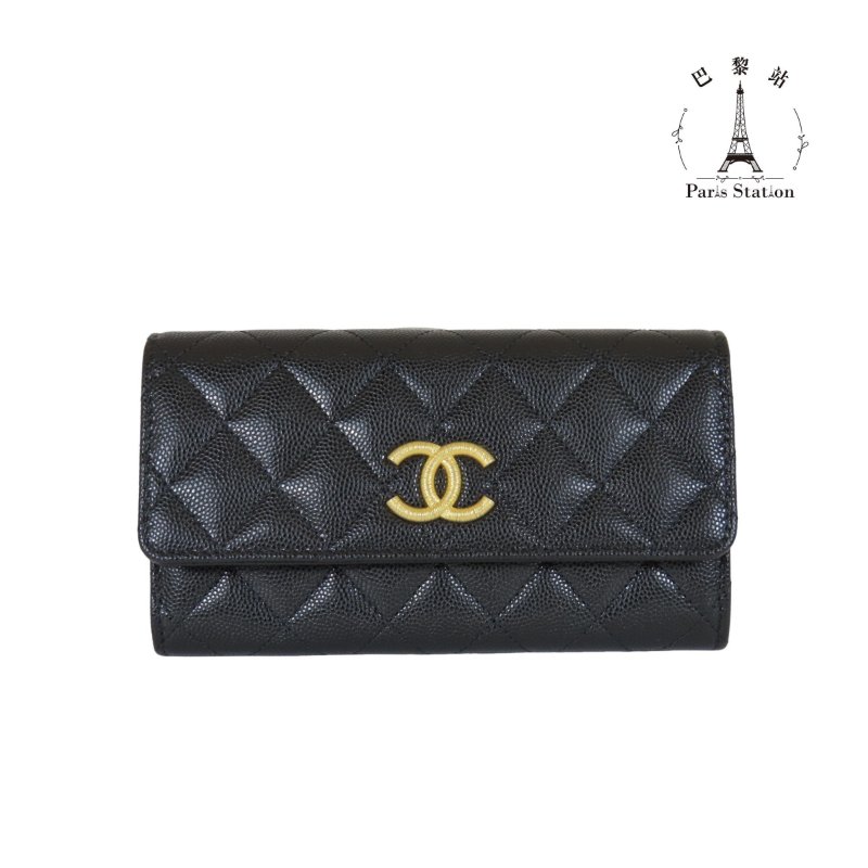 【巴黎站二手名牌專賣店】＊全新現貨＊CHANEL 香奈兒 真品＊經典黑荔枝皮革金絲紋大雙C釦式中夾-0