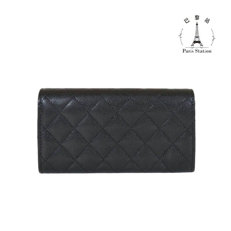 【巴黎站二手名牌專賣店】*全新現貨*CHANEL 香奈兒 真品*經典黑荔枝皮革金絲紋大雙C釦式中夾-1