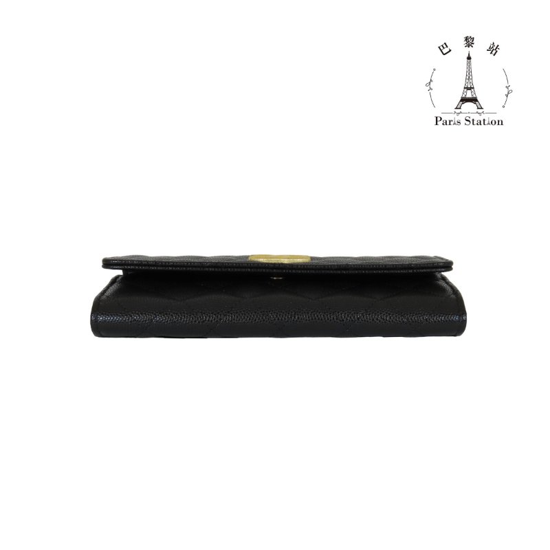 【巴黎站二手名牌專賣店】*全新現貨*CHANEL 香奈兒 真品*經典黑荔枝皮革金絲紋大雙C釦式中夾-2