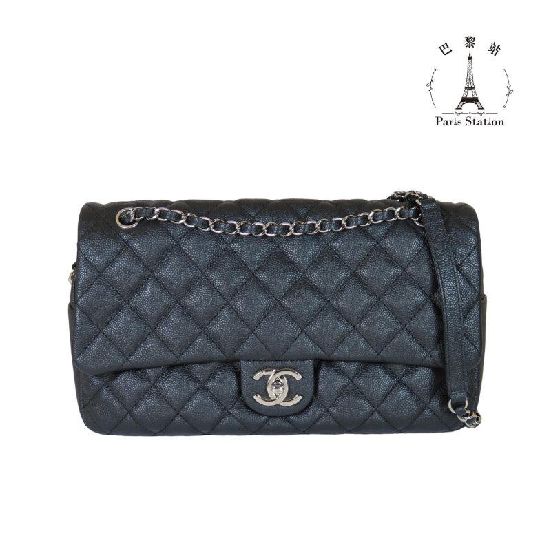 【巴黎站二手名牌專賣店】＊現貨＊CHANEL 香奈兒 真品＊黑荔枝牛皮銀雙C內拉鍊橫式口蓋肩背斜背鍊包-0