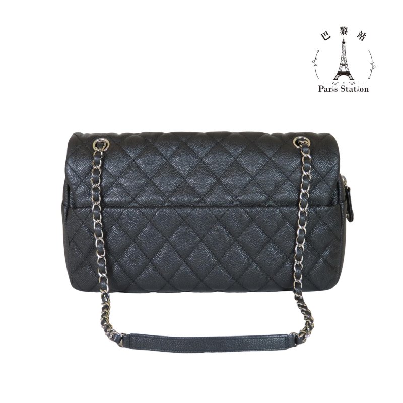 【巴黎站二手名牌專賣店】＊現貨＊CHANEL 香奈兒 真品＊黑荔枝牛皮銀雙C內拉鍊橫式口蓋肩背斜背鍊包-1
