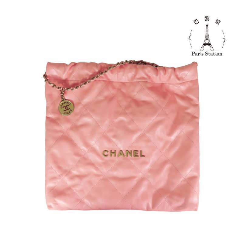 【巴黎站二手名牌專賣店】＊現貨＊CHANEL 香奈兒 真品＊AS3260珊瑚粉牛皮金LOGO金鍊22BAG肩背鍊包(小)-0