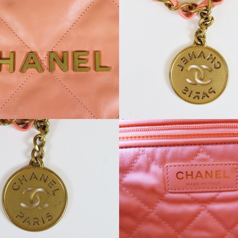 【巴黎站二手名牌專賣店】*現貨*CHANEL 香奈兒 真品*AS3260珊瑚粉牛皮金LOGO金鍊22BAG肩背鍊包(小)-6
