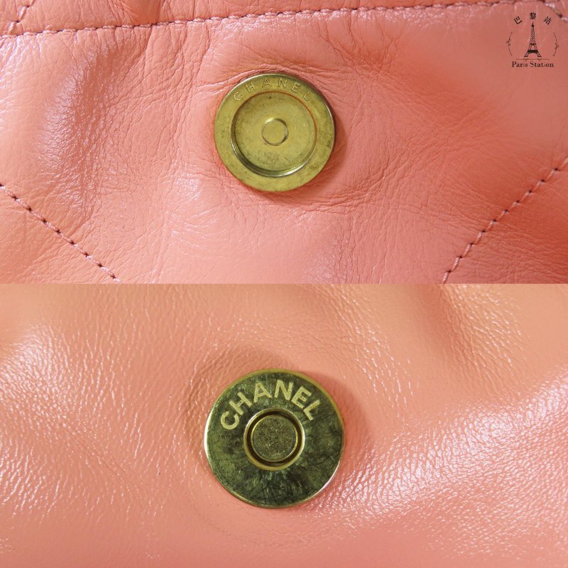 【巴黎站二手名牌專賣店】*現貨*CHANEL 香奈兒 真品*AS3260珊瑚粉牛皮金LOGO金鍊22BAG肩背鍊包(小)-7