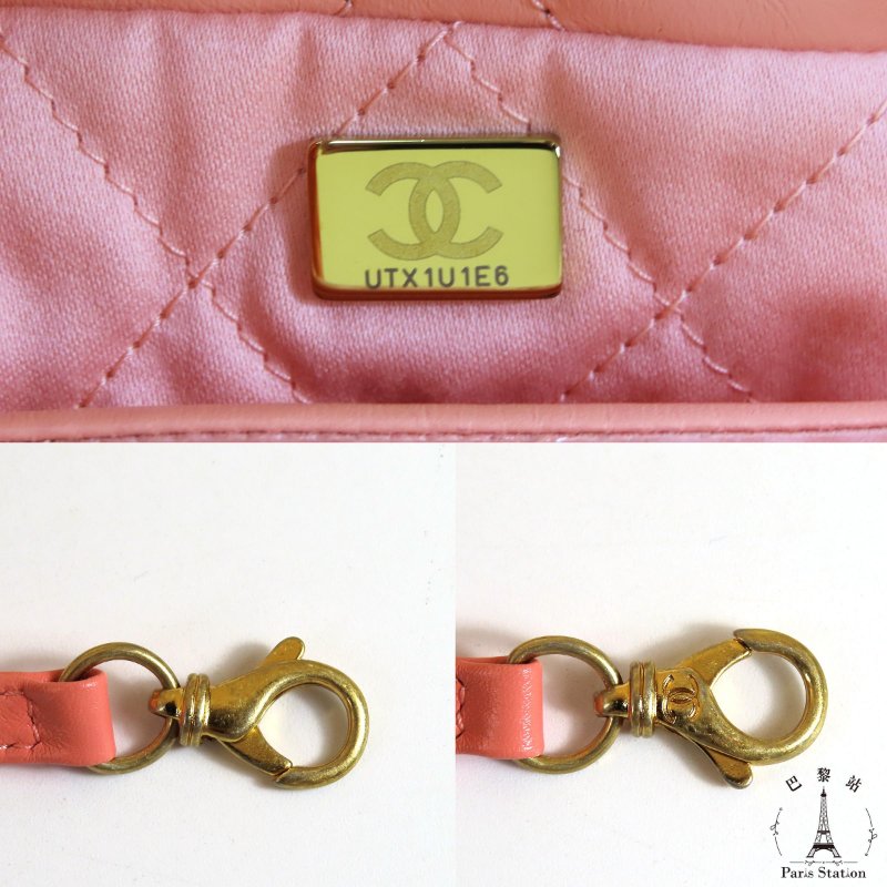 【巴黎站二手名牌專賣店】*現貨*CHANEL 香奈兒 真品*AS3260珊瑚粉牛皮金LOGO金鍊22BAG肩背鍊包(小)-8
