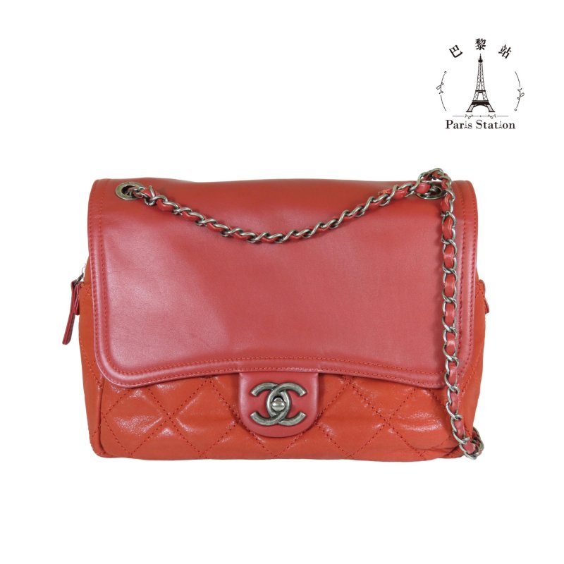 【巴黎站二手名牌專賣店】*現貨*CHANEL 香奈兒 真品*磚紅色拼接皮革復古銀釦雙C掀蓋鏈包 肩背包-0