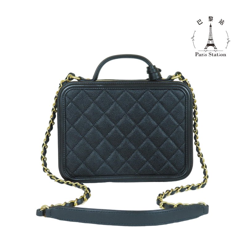 【巴黎站二手名牌專賣店】*現貨*CHANEL香奈兒真品*黑色荔枝牛皮菱格紋大雙C化妝箱手提斜背鍊包-1