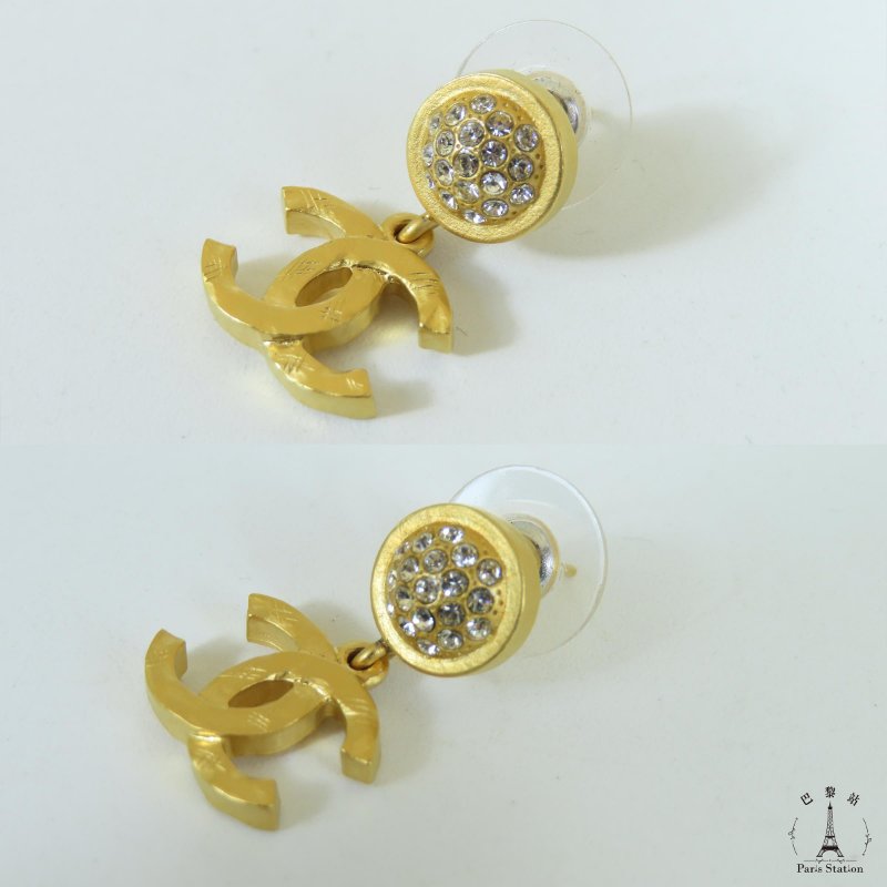 【巴黎站二手名牌專賣店】*現貨*CHANEL 香奈兒 真品*金色圓型小鑽復古金雙C耳環-1