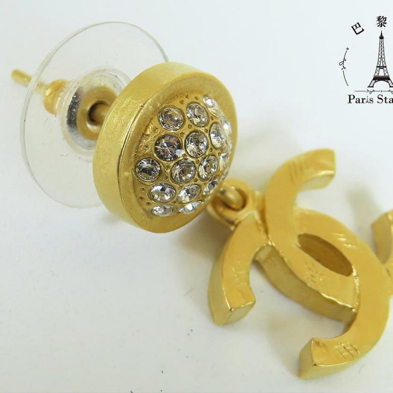【巴黎站二手名牌專賣店】*現貨*CHANEL 香奈兒 真品*金色圓型小鑽復古金雙C耳環-3