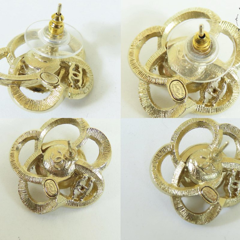 【巴黎站二手名牌專賣店】*現貨*CHANEL 香奈兒 真品*淡金色滿鑽山茶花珍珠耳環-1