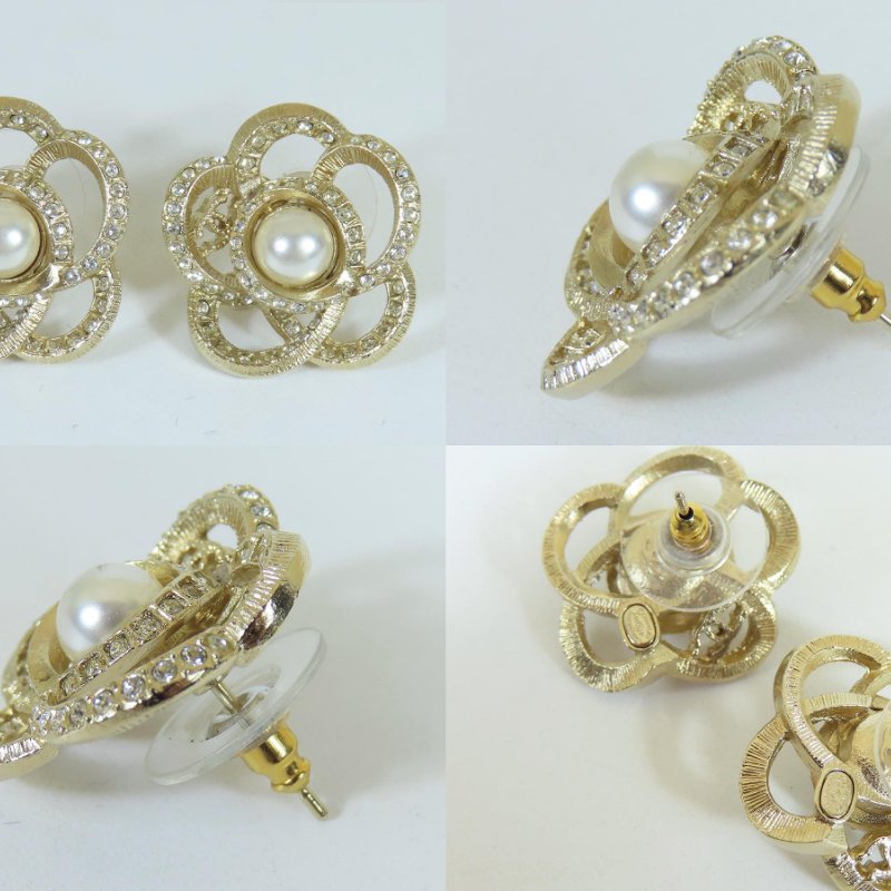 【巴黎站二手名牌專賣店】*現貨*CHANEL 香奈兒 真品*淡金色滿鑽山茶花珍珠耳環-2