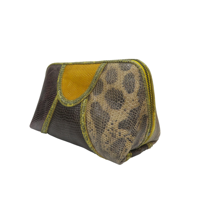 棕色 黃色 蜥蜴皮 拉鍊 收納袋 【BOTTEGA VENETA 寶緹嘉】 132534-2