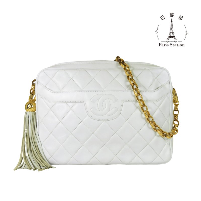【巴黎站二手名牌專賣店】*現貨*CHANEL香奈兒真品*Vintage白色小羊皮菱格紋粗雙C縫線橫式金鏈流蘇斜背相機包-0