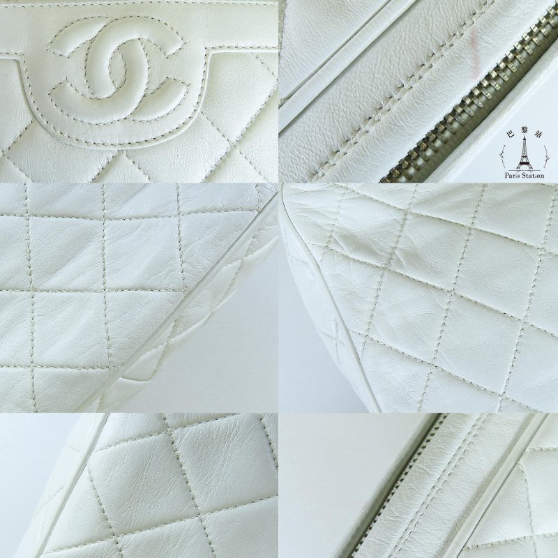 【巴黎站二手名牌專賣店】*現貨*CHANEL香奈兒真品*Vintage白色小羊皮菱格紋粗雙C縫線橫式金鏈流蘇斜背相機包-5