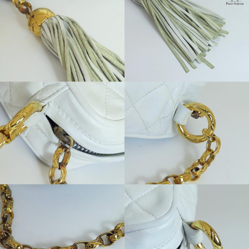 【巴黎站二手名牌專賣店】*現貨*CHANEL香奈兒真品*Vintage白色小羊皮菱格紋粗雙C縫線橫式金鏈流蘇斜背相機包-6
