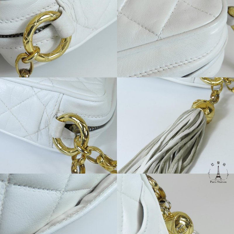 【巴黎站二手名牌專賣店】*現貨*CHANEL香奈兒真品*Vintage白色小羊皮菱格紋粗雙C縫線橫式金鏈流蘇斜背相機包-7