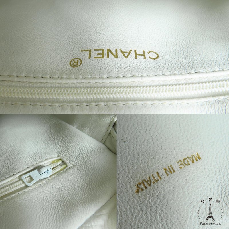 【巴黎站二手名牌專賣店】*現貨*CHANEL香奈兒真品*Vintage白色小羊皮菱格紋粗雙C縫線橫式金鏈流蘇斜背相機包-8