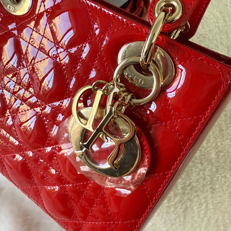Lady Dior 五格漆皮小牛皮小款手提/斜背二用黛妃包(亮紅色)-6