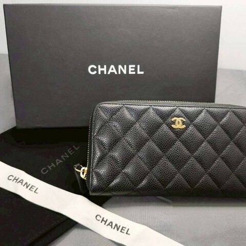 chanel 黑金牛皮荔枝紋拉鍊錢夾