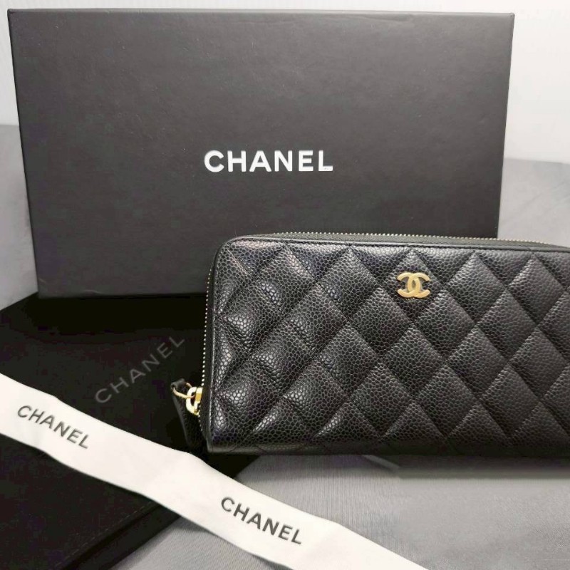 chanel 黑金牛皮荔枝紋拉鍊錢夾-0