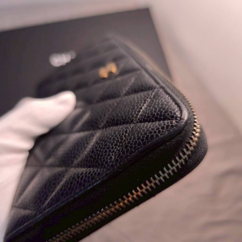 chanel 黑金牛皮荔枝紋拉鍊錢夾-3