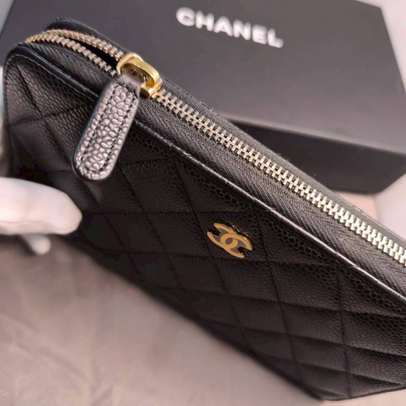 chanel 黑金牛皮荔枝紋拉鍊錢夾-4