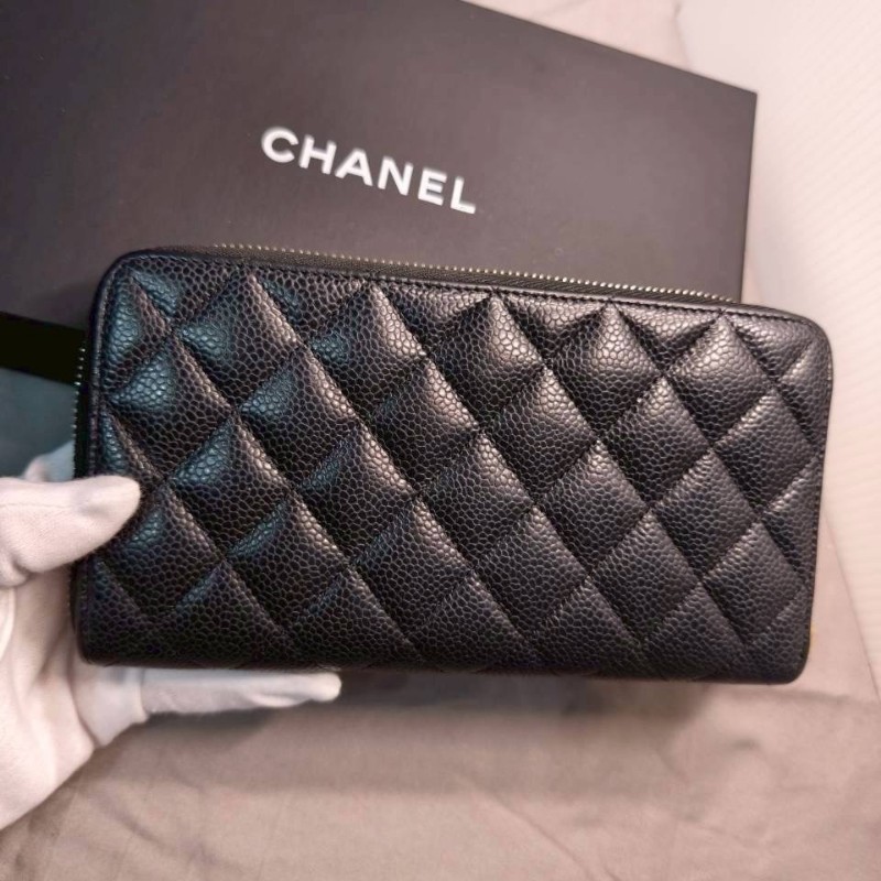 chanel 黑金牛皮荔枝紋拉鍊錢夾-7