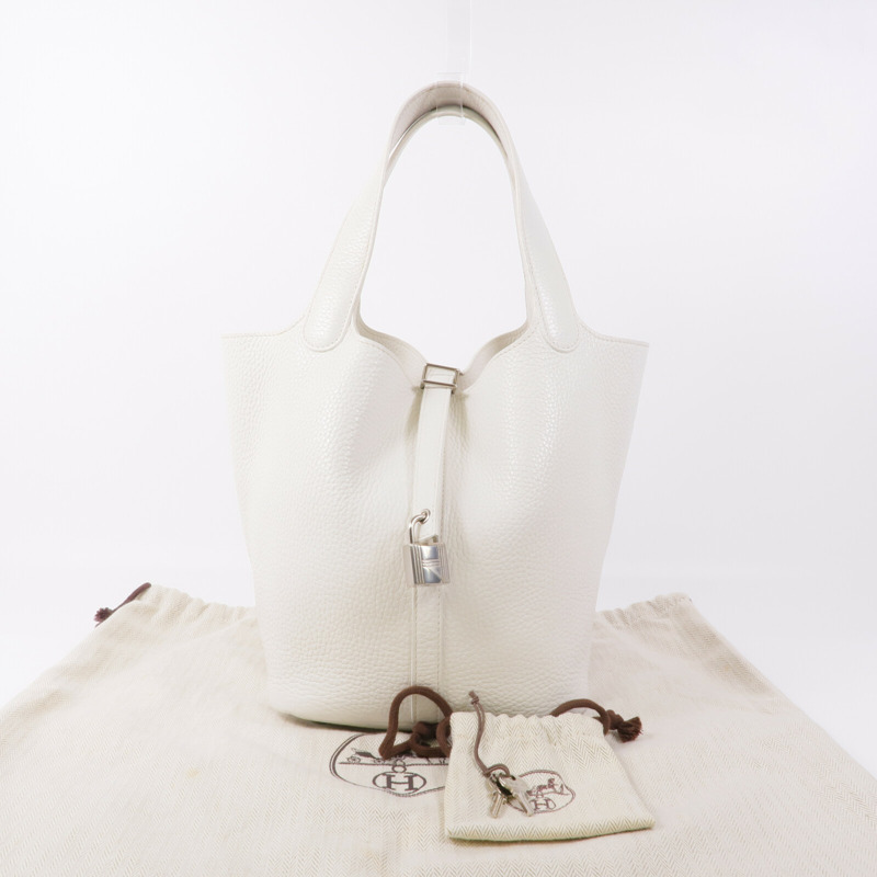 HERMES Clemence皮革Picotin MM銀扣手挽袋Blanc-14