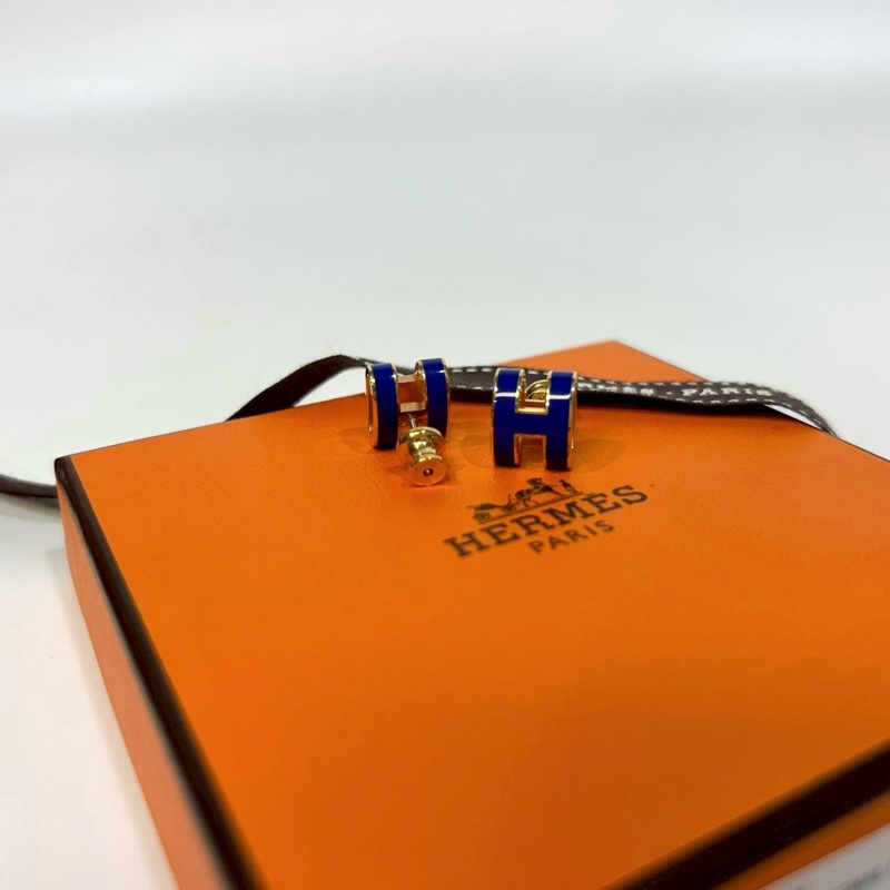 Hermes 深藍鑲金邊H立體耳環-2