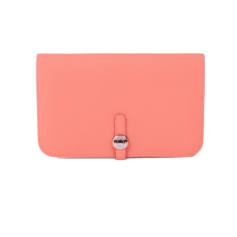 HERMES Clemence皮革Dogon銀扣長錢包Rose Candy-0