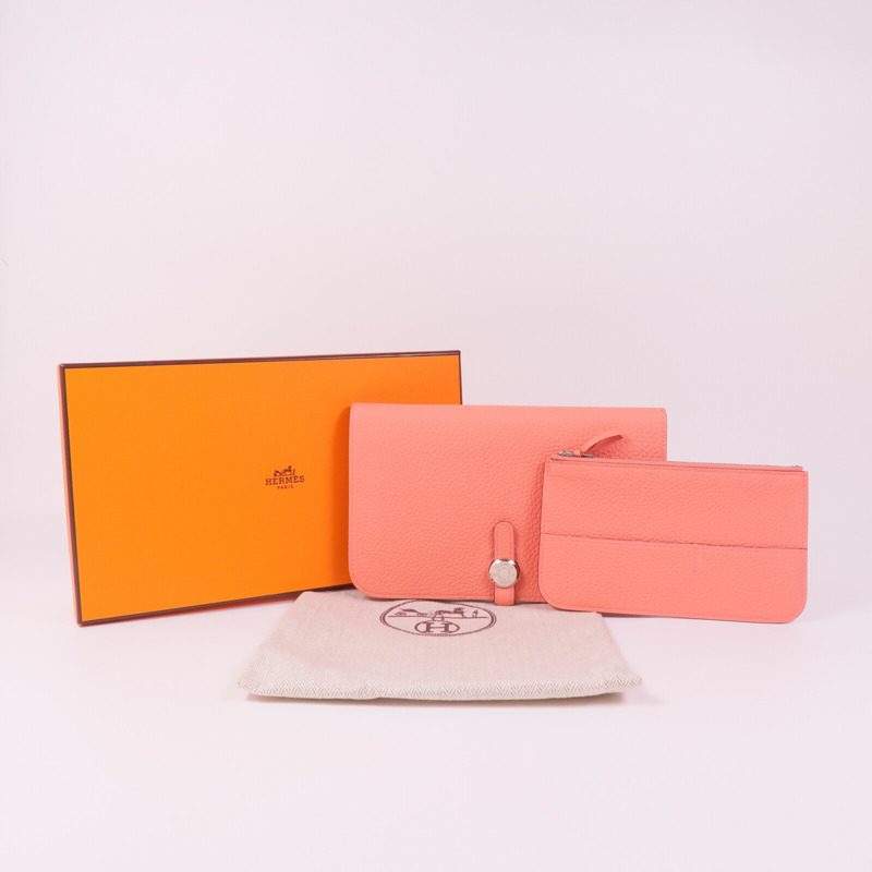 HERMES Clemence皮革Dogon銀扣長錢包Rose Candy-16